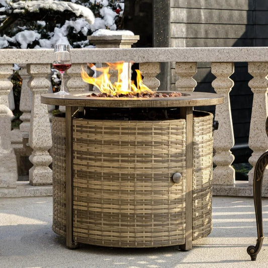 Propane Fire Pit Table In Wicker For Outdoor Patio Use