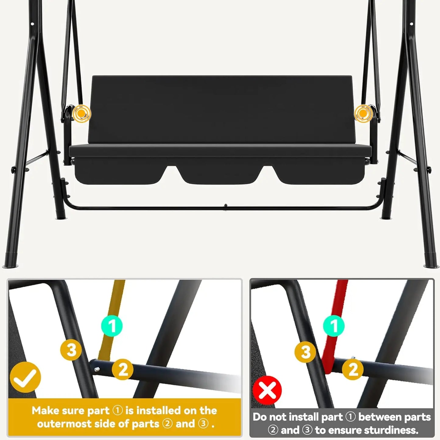 Patio Swing Three Seat Porch Bench With Adjustable Canopy