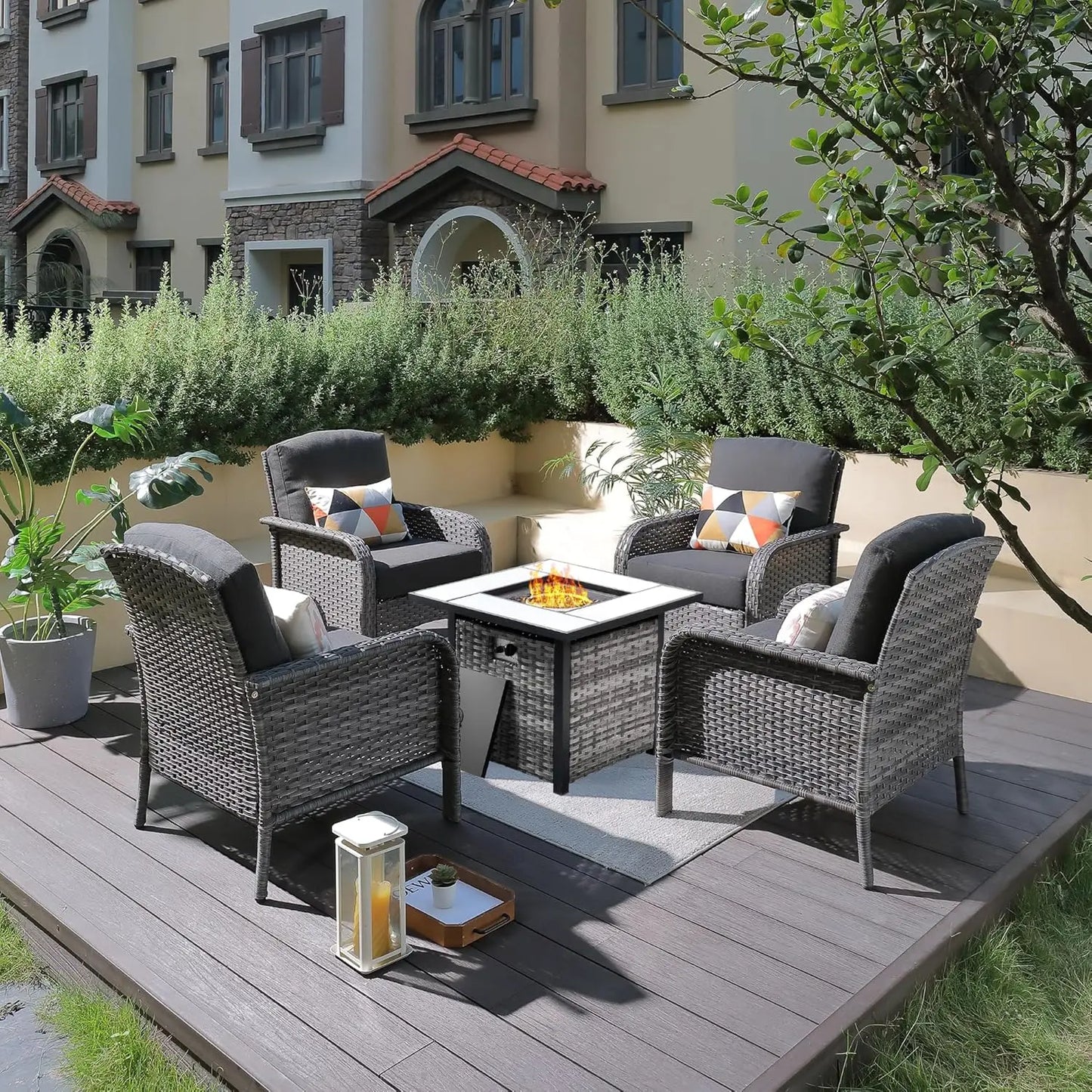 Outdoor Wicker Patio Set Fire Pit High Back Chairs