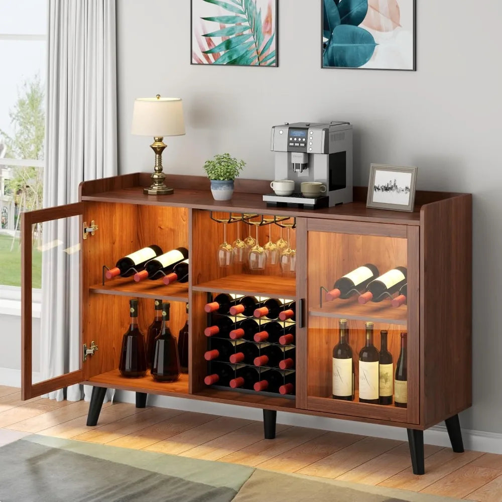 Modern Wine Bar Cabinet With LED Wine Rack And Storage