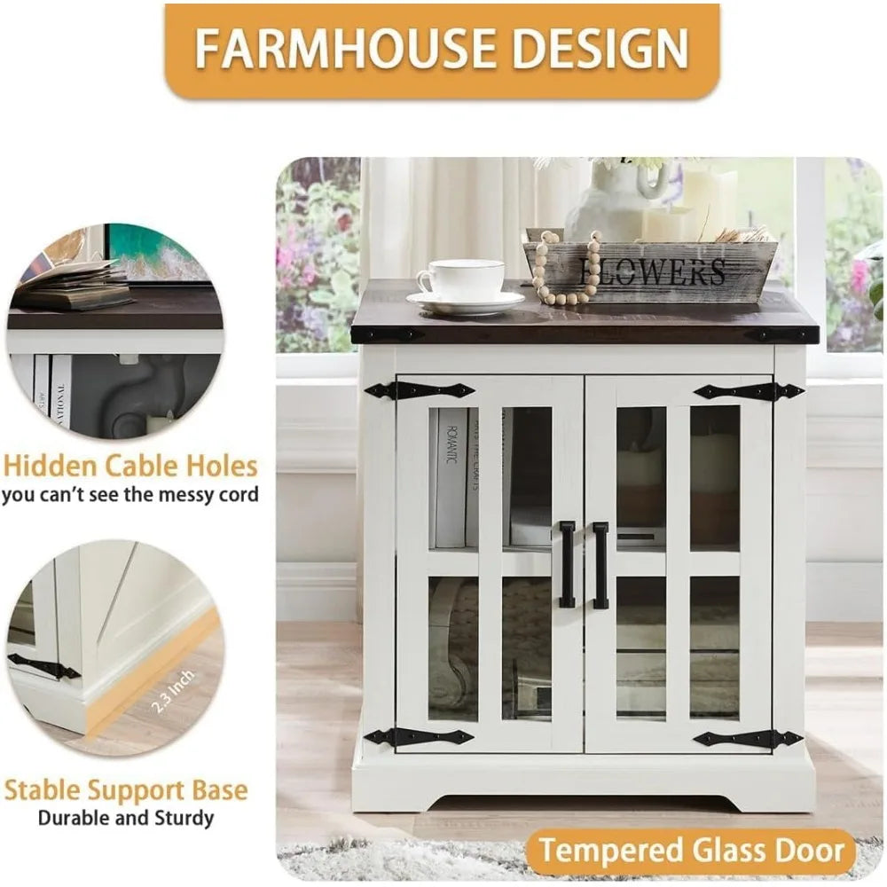 Rustic Farmhouse End Table with Charging Station and Glass Door