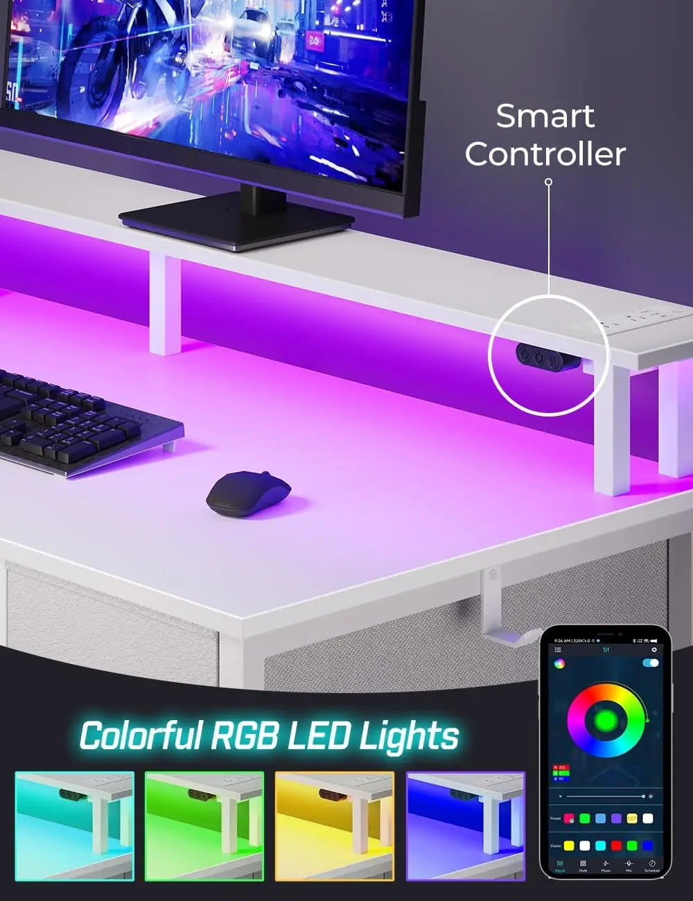 LED Computer Desk With Power Outlets Monitor Stand And Drawers