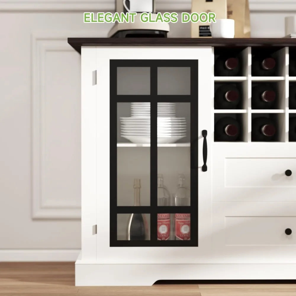 Farmhouse Buffet Sideboard With Glass Doors And Removable Wine Rack