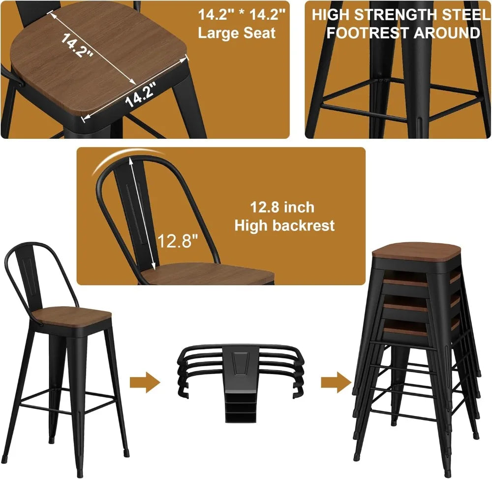 Modern Metal Bar Stools Set Of Four With High Back