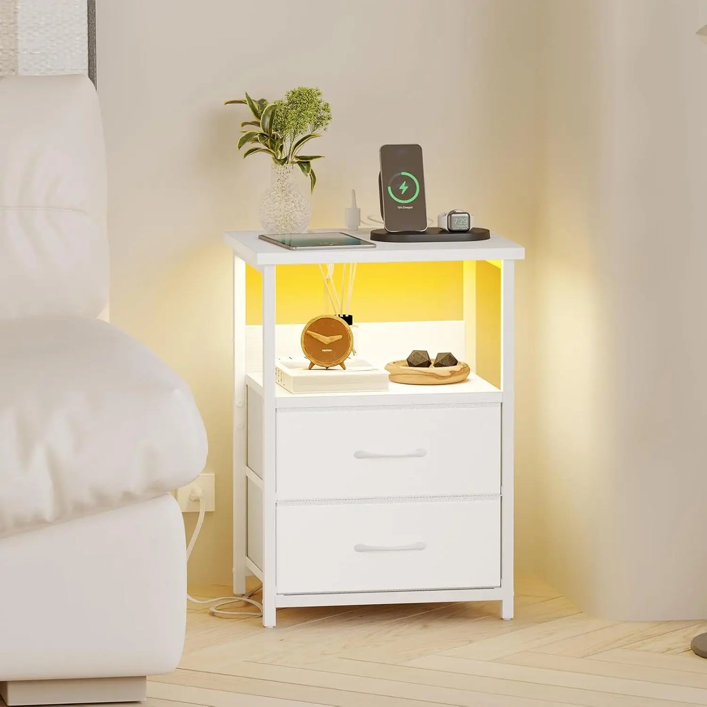 Modern Nightstand Set With Charging Station And LED Lighting
