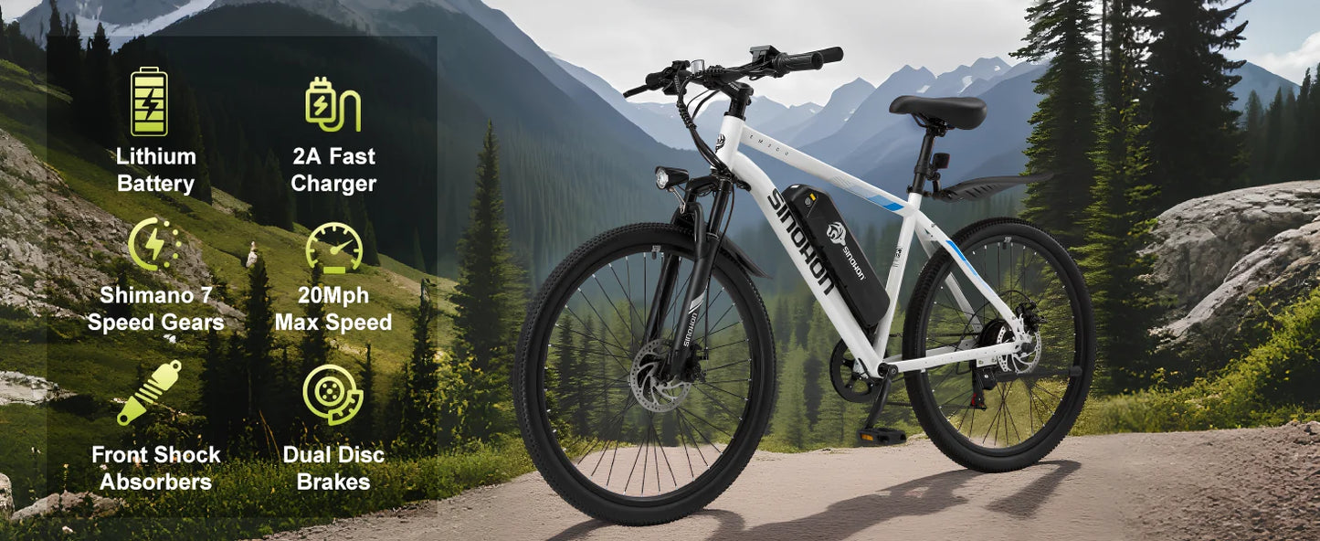 Mountain Electric Bike Adults 500W Peak Motor 26'' Tires Front Suspension Electric Bicycle 25-37Miles 7-Speed Lightweight E-MTB