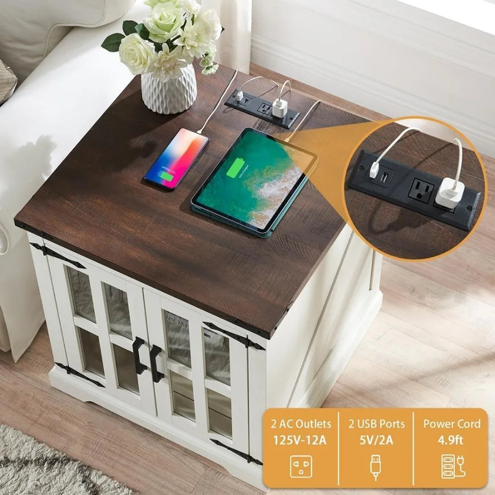 Rustic Farmhouse End Table with Charging Station and Glass Door