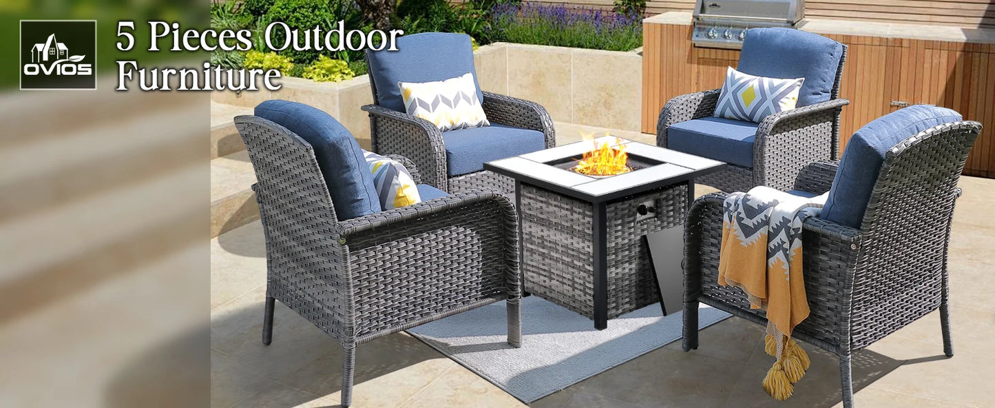 Outdoor Wicker Patio Set Fire Pit High Back Chairs