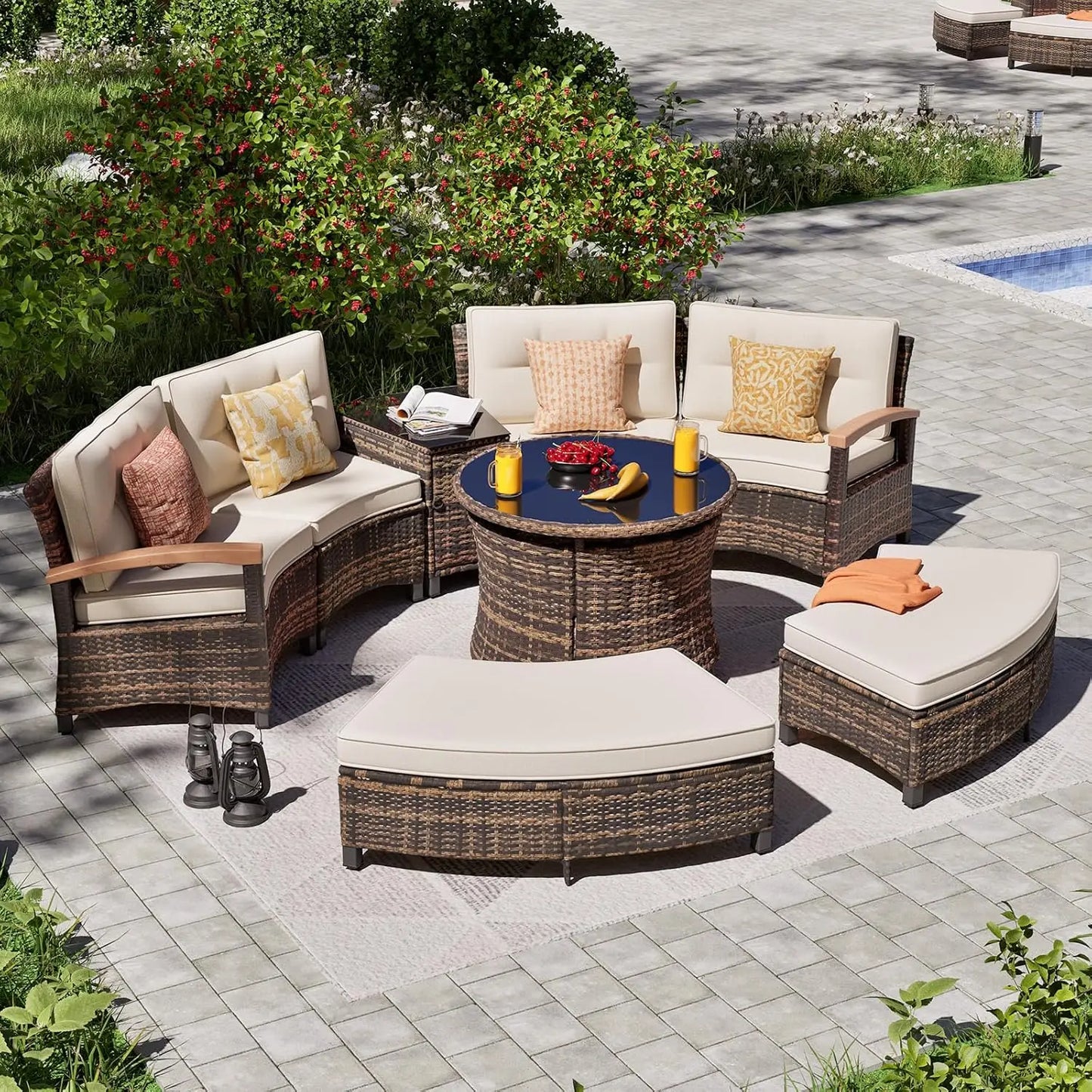 Stylish Half Moon Rattan Patio Conversation Furniture Set