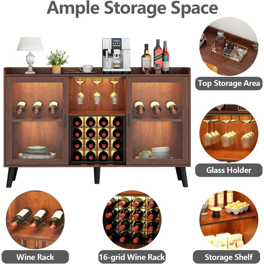 Modern Wine Bar Cabinet With LED Wine Rack And Storage