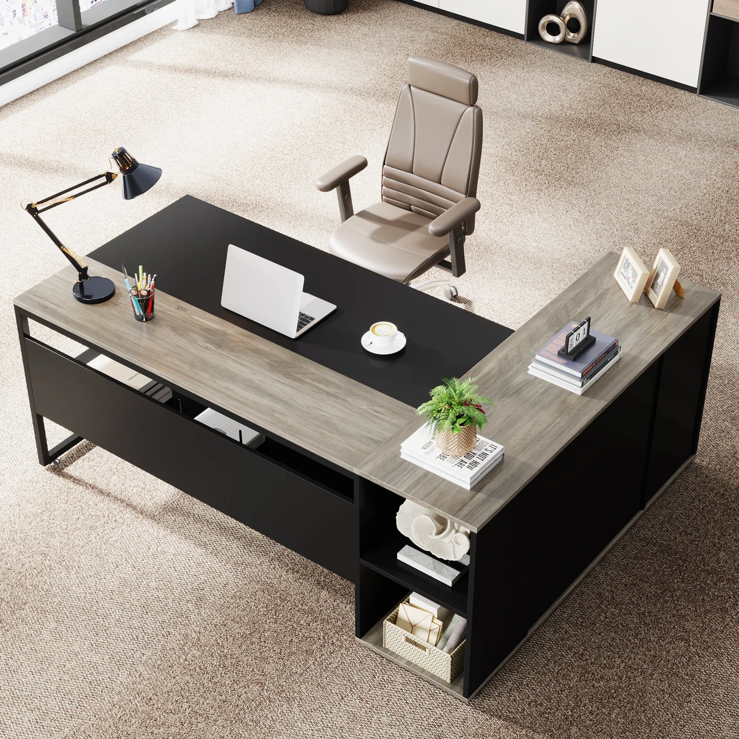 Tribesigns L Shaped Executive Desk With Cabinet Storage