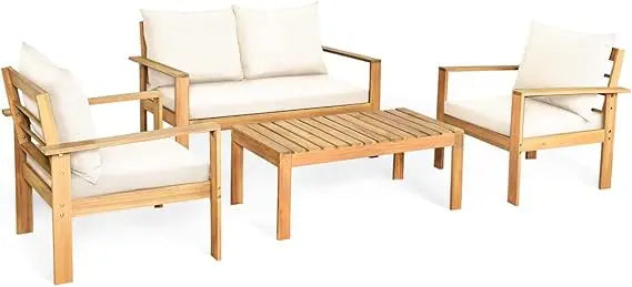 Outdoor Acacia Wood 4 Piece Deluxe Chat Set With Cushions