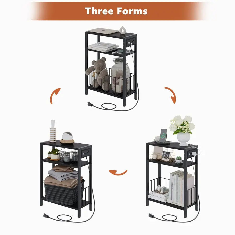 Slim Side Table With Charging Station And Three-Tier Storage Basket