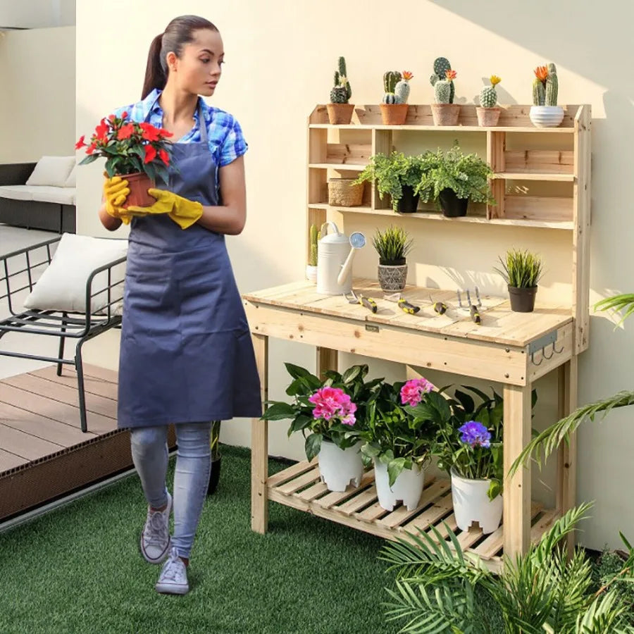 Garden Potting Bench with Display Rack and Hidden Sink