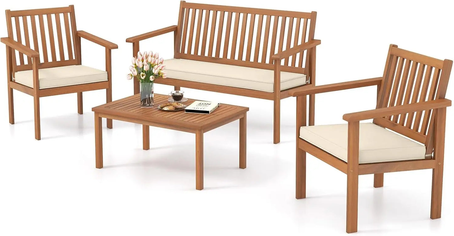 Acacia Wood Patio Sofa Set With Coffee Table And Cushions