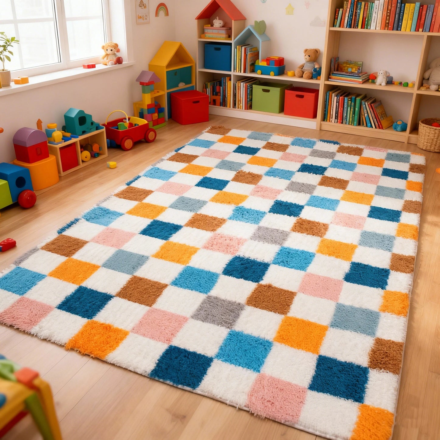 Checkered Shag Rug for Living Room Non Slip High Pile