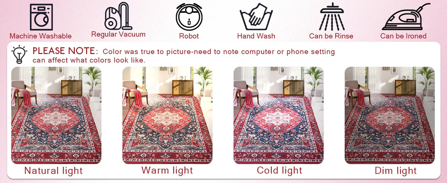 Boho Vintage Washable Non-Slip Soft Accent Bedroom Rug