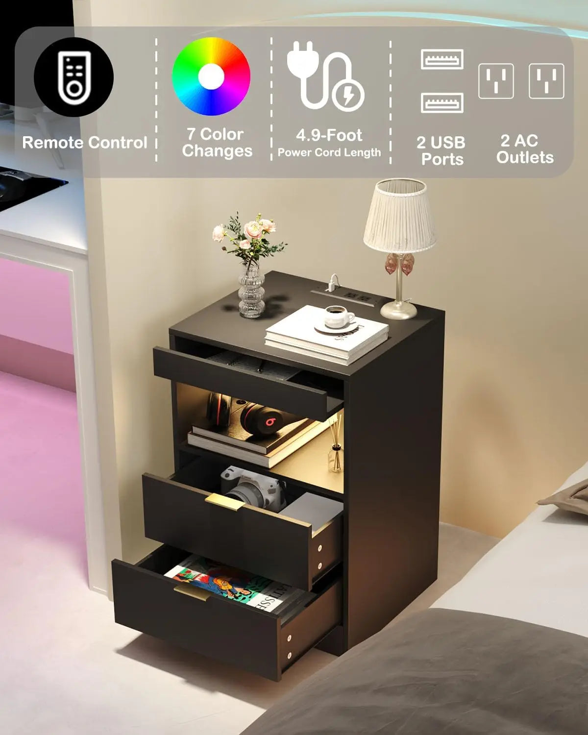 LED Nightstand With Charging Station and Drawer Storage