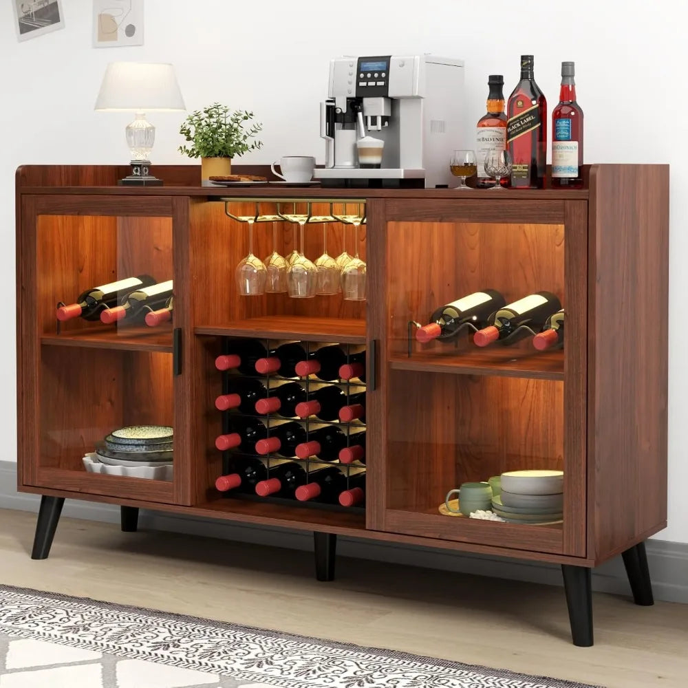 Modern Wine Bar Cabinet With LED Wine Rack And Storage