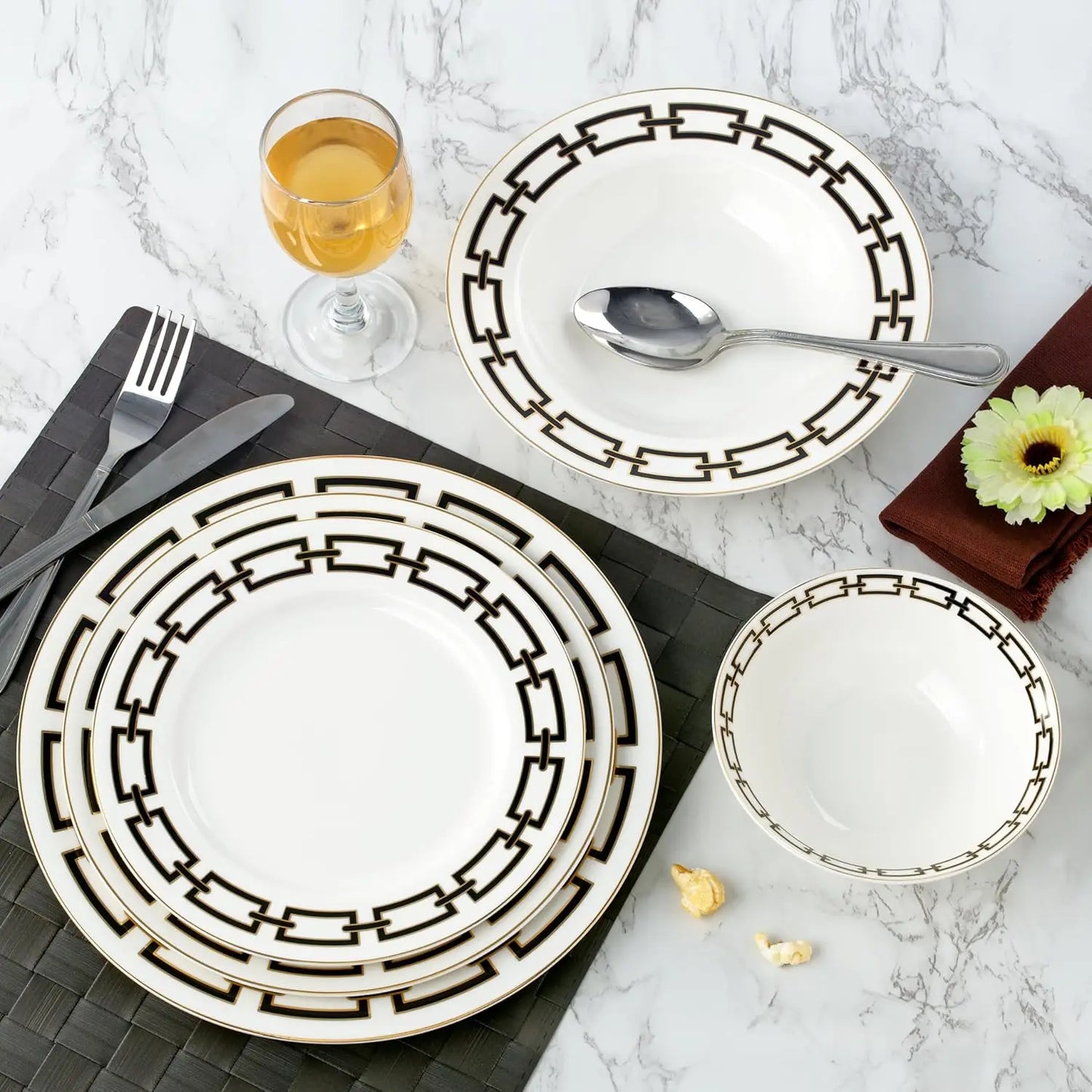 Bone China Dinnerware Set For Four With Elegant Engraved Pattern