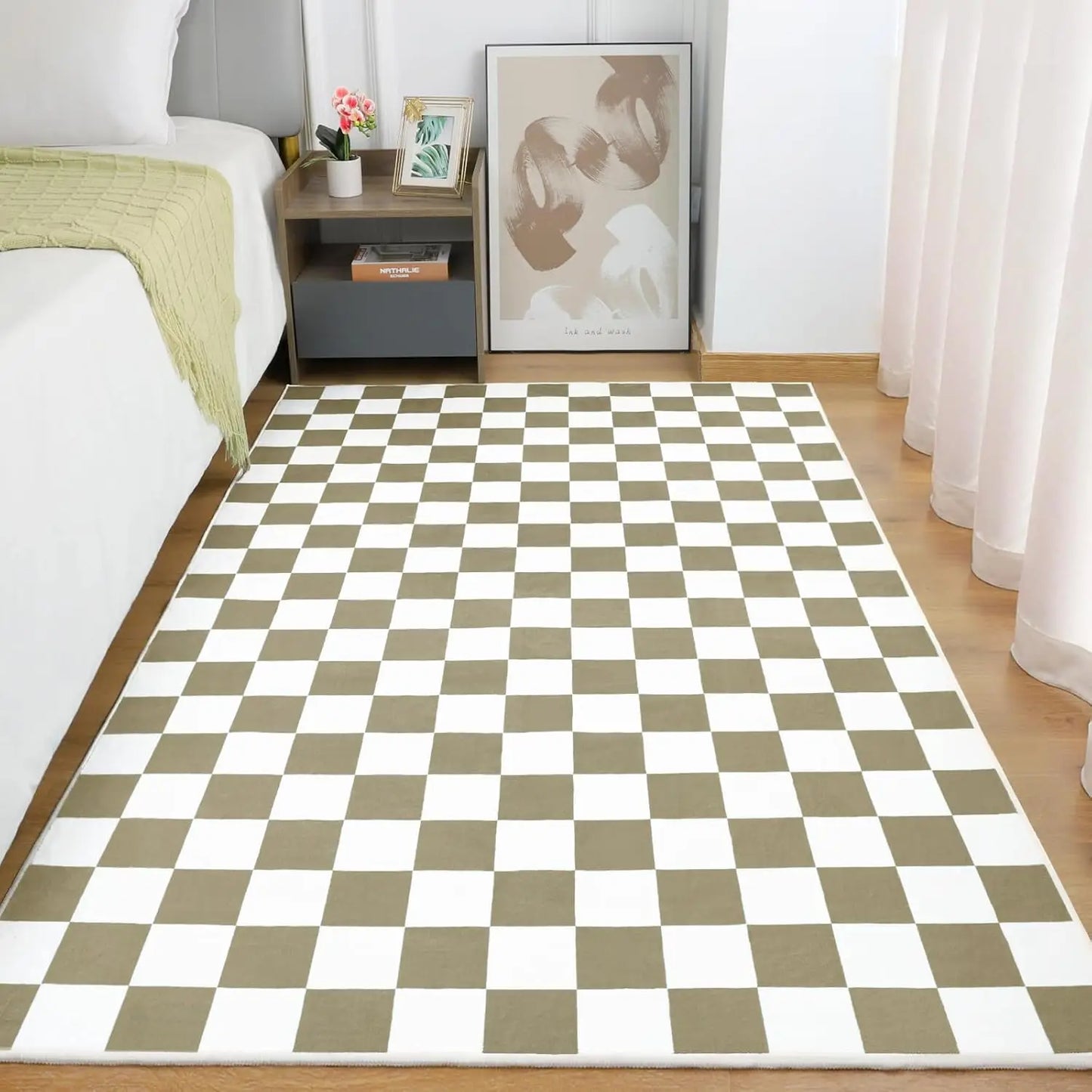 Checkered Area Rug Washable Non Slip Low Pile Stain Resistant