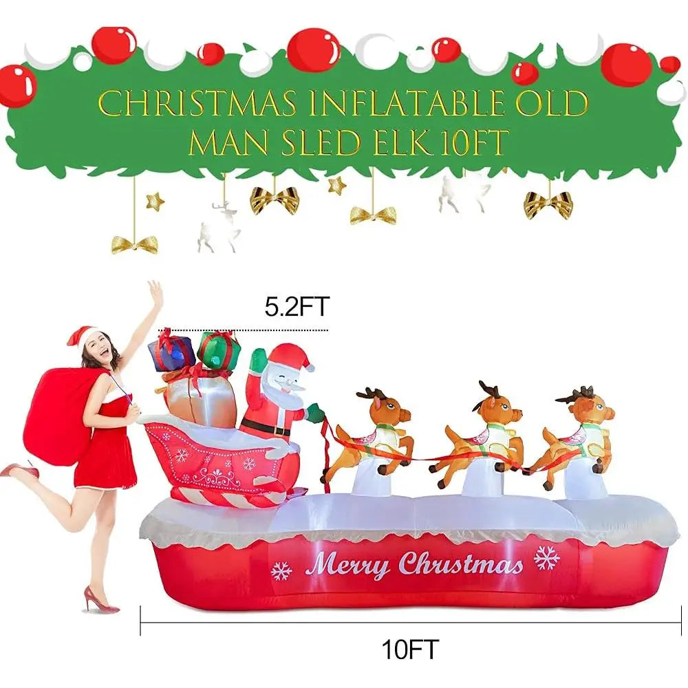 10FT Inflatable Santa Claus Sleigh with Elk LED Lights Outdoor Christmas Decorations Yard Holiday Display