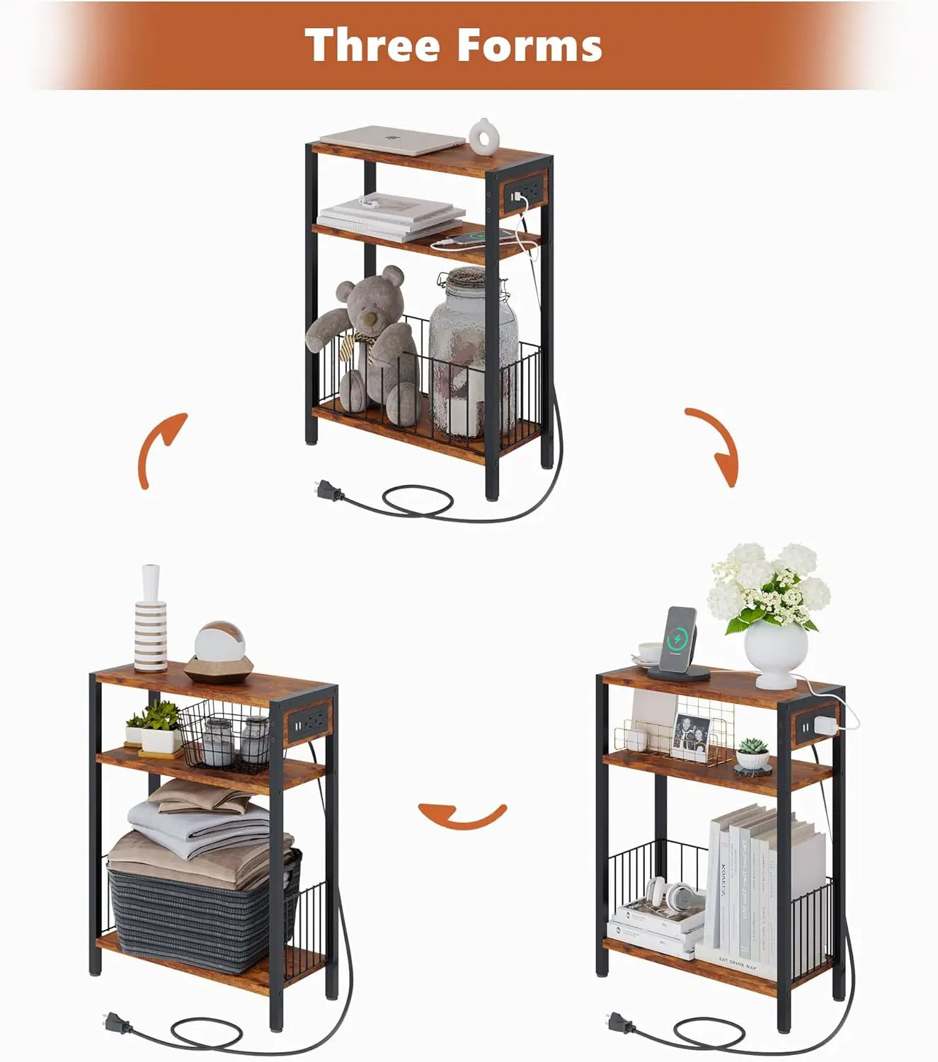 Narrow Side Table Set with Charging Station and Storage Basket