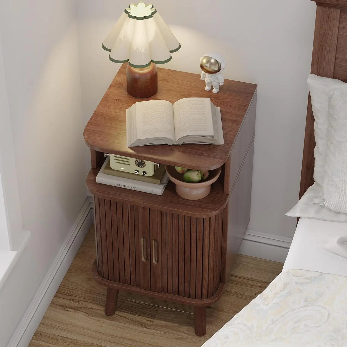 Mid Century Modern Fluted Nightstand with Sliding Tambour Doors