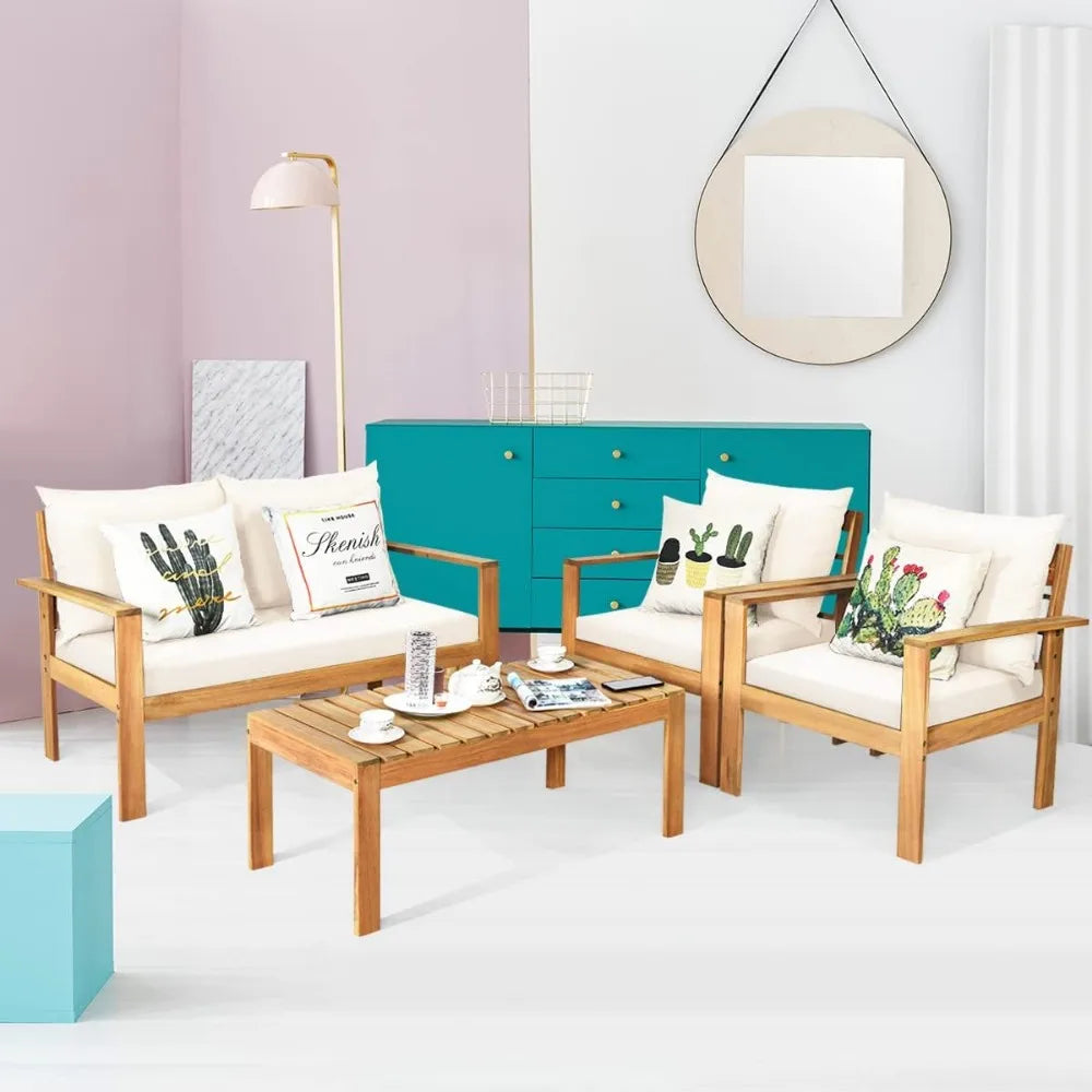 Outdoor Acacia Wood 4 Piece Deluxe Chat Set With Cushions