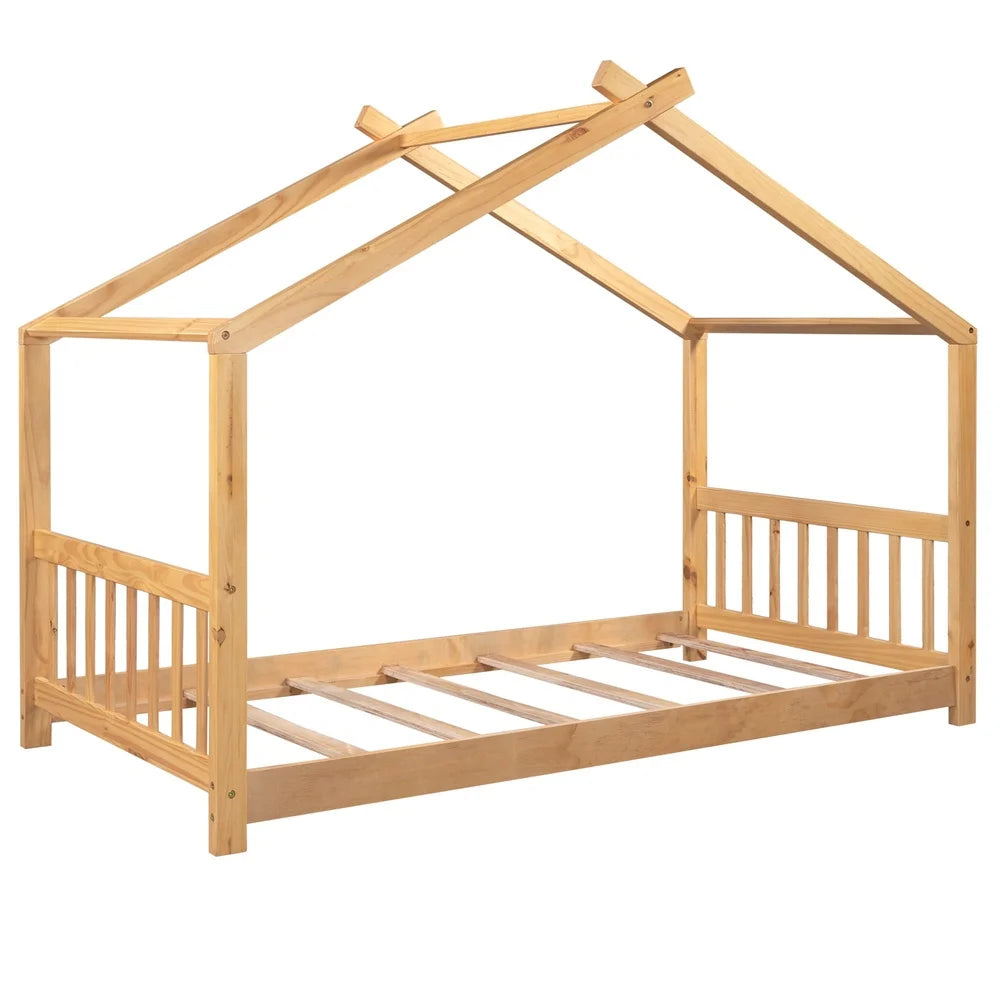 Wood House Shaped Twin Platform Bed for Kids Safe Sleeping