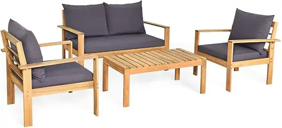 Outdoor Acacia Wood 4 Piece Deluxe Chat Set With Cushions
