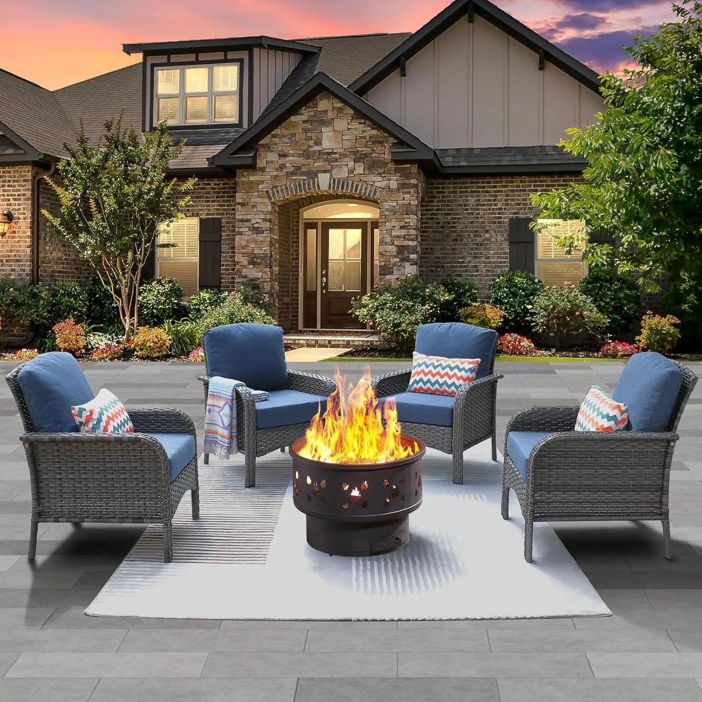 Outdoor Wicker Patio Set Fire Pit High Back Chairs