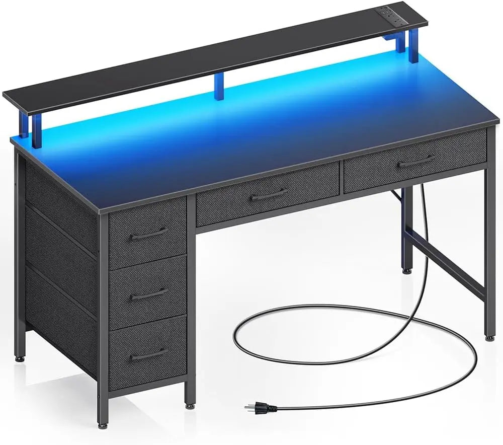 LED Computer Desk With Power Outlets Monitor Stand And Drawers