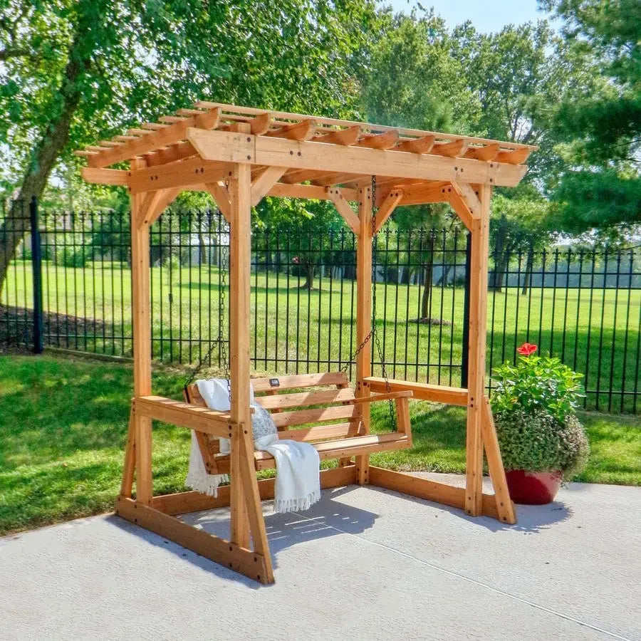 Cedar Wood Outdoor Patio Swing Bench With Trellis For Two