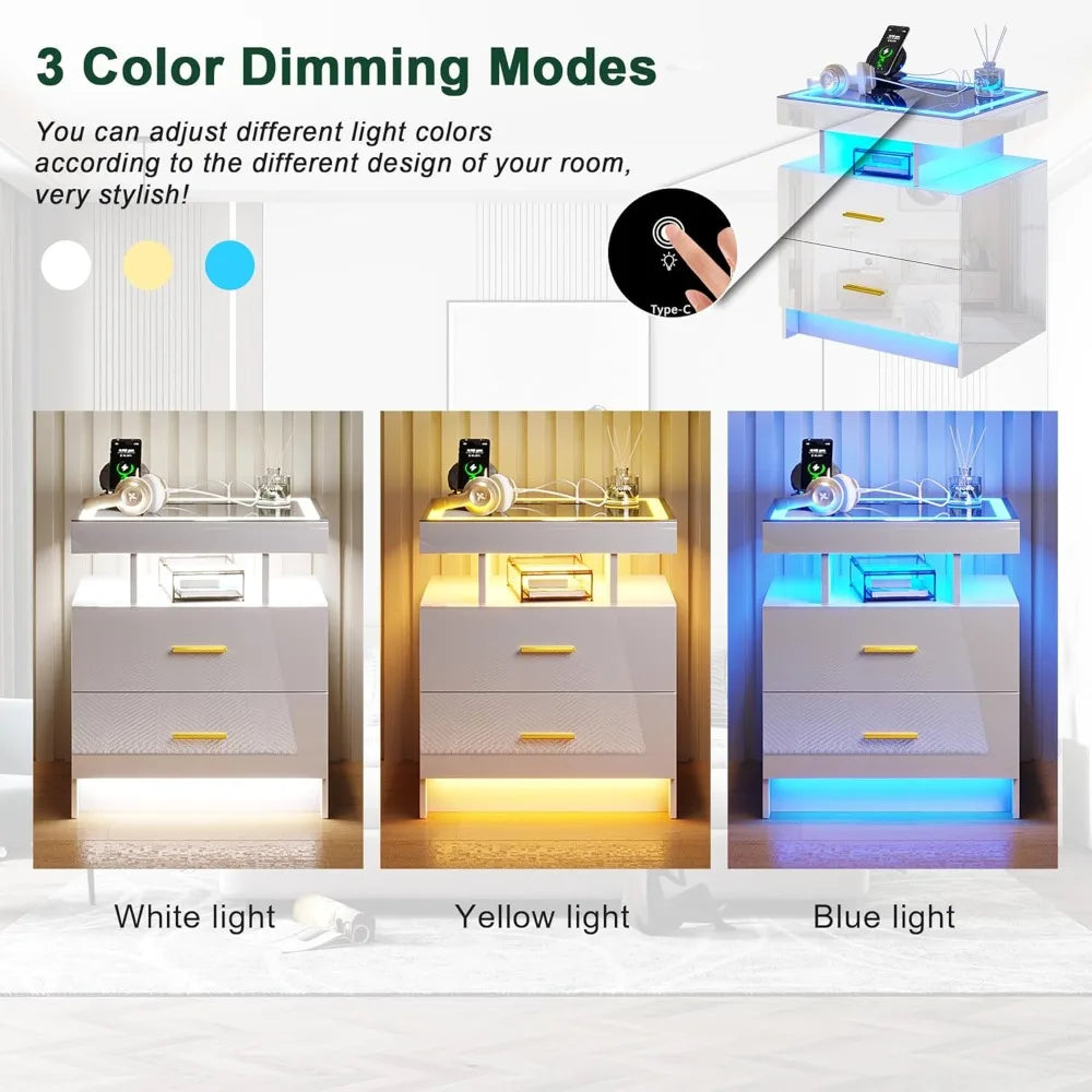 LED Nightstand With USB C Charging Station And 2 Drawers