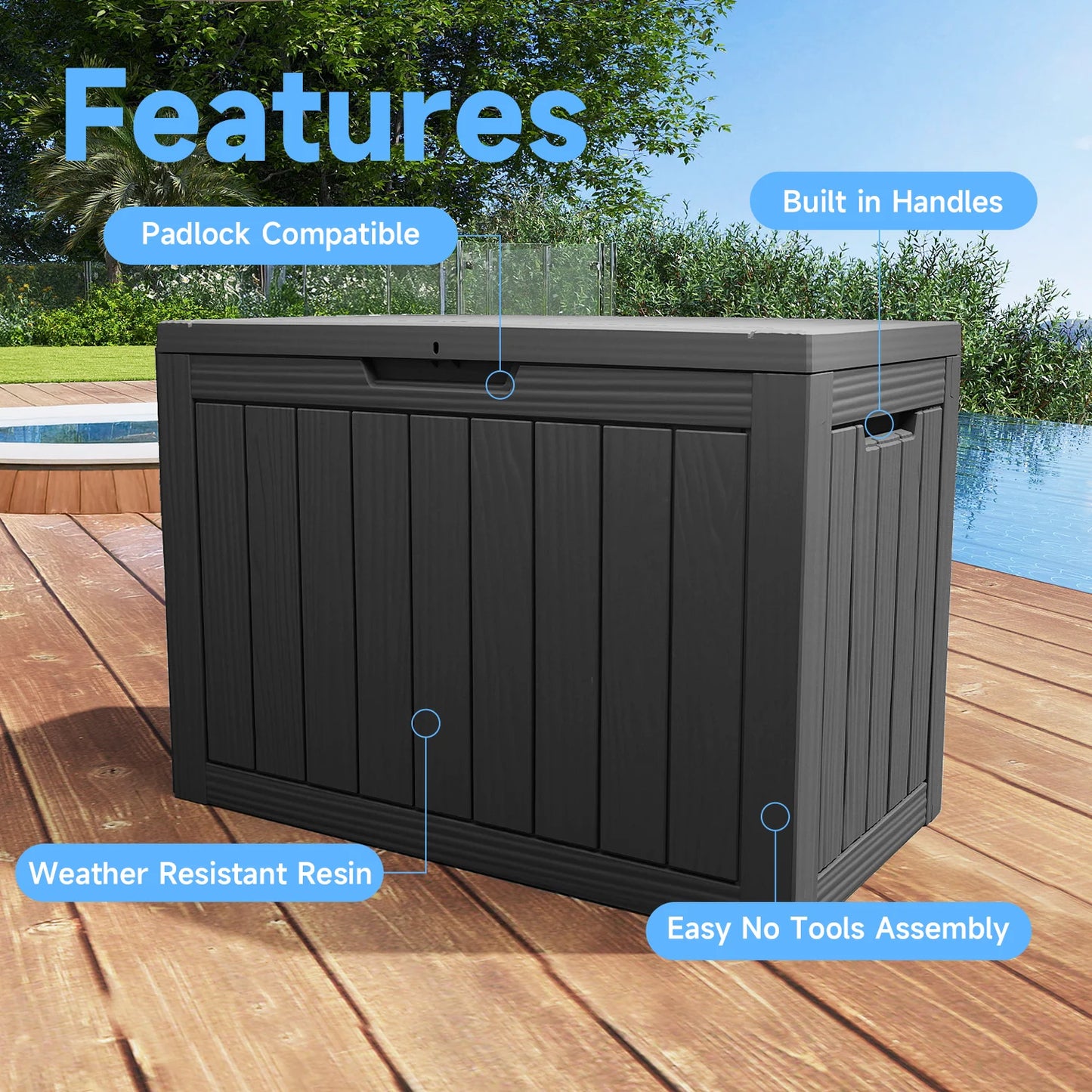 45-Gallon Waterproof Lockable Outdoor Storage Box for Patio Furniture and Tools