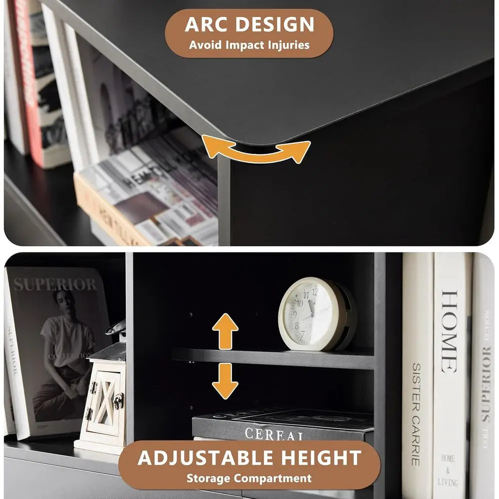 Wood Headboard With Storage And Adjustable Shelves With Four Compartments