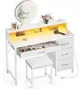 LED Computer Desk With Power Outlets Monitor Stand And Drawers