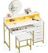 LED Computer Desk With Power Outlets Monitor Stand And Drawers