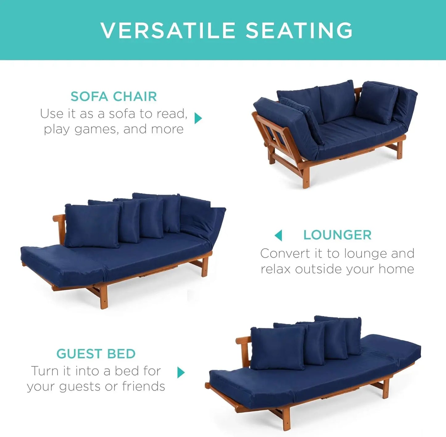 Convertible Acacia Wood Outdoor Futon Sofa With Pullout Tray