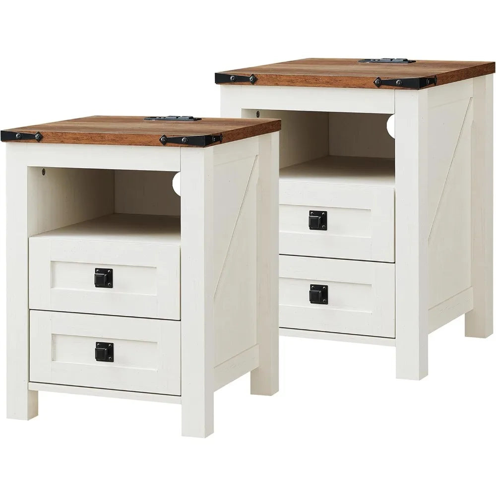 Rustic Farmhouse Nightstand Set with Charging Station and Storage