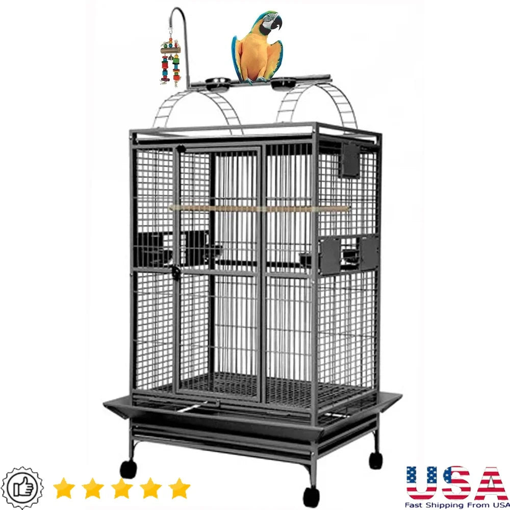 Sturdy Wrought Iron Parrot Rolling Cage with Double Ladders