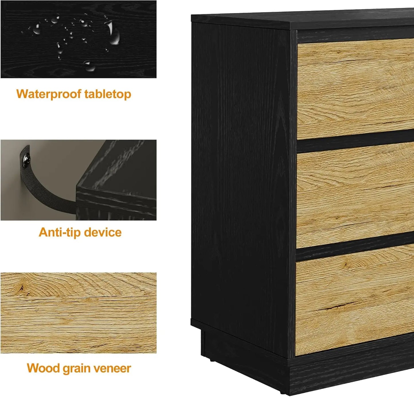 RoyaCraft Wide Nightstand Set Of 3 Drawers Bedside Tables