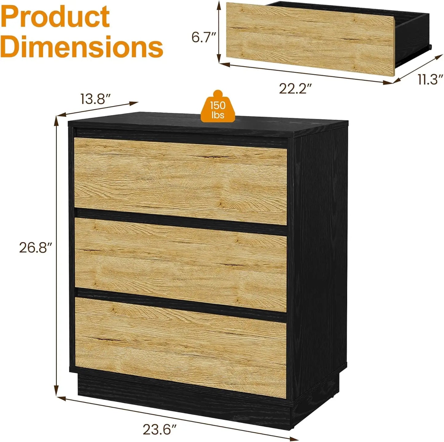 RoyaCraft Wide Nightstand Set Of 3 Drawers Bedside Tables