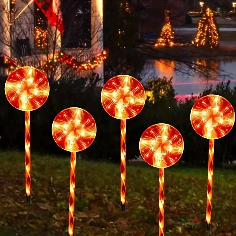 5pcs Christmas Lollipop Ground Plug Light Led Solar Outdoor Waterproof Courtyard Lawn Decoration Atmosphere Light Candy Light