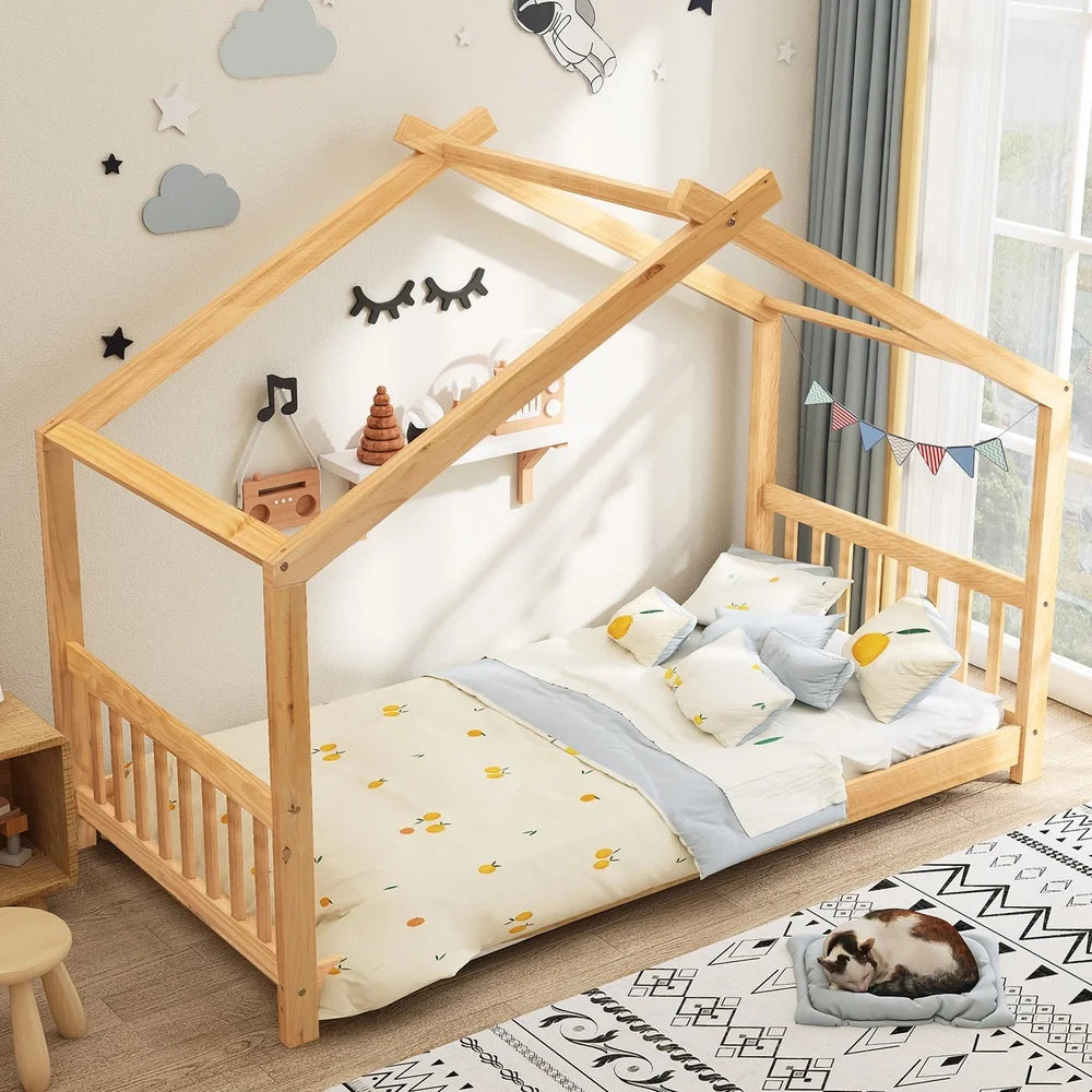Wood House Shaped Twin Platform Bed for Kids Safe Sleeping