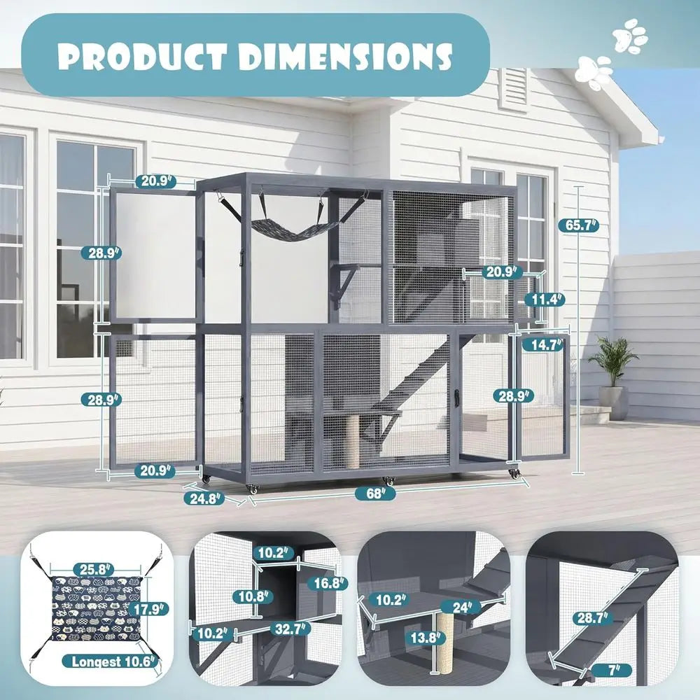 Catio Outdoor Cat Enclosure on Wheels, 4 Tier Large Cat House or Multiple Cats with Resting Box and Hammock, Indoor Wooden Kitty