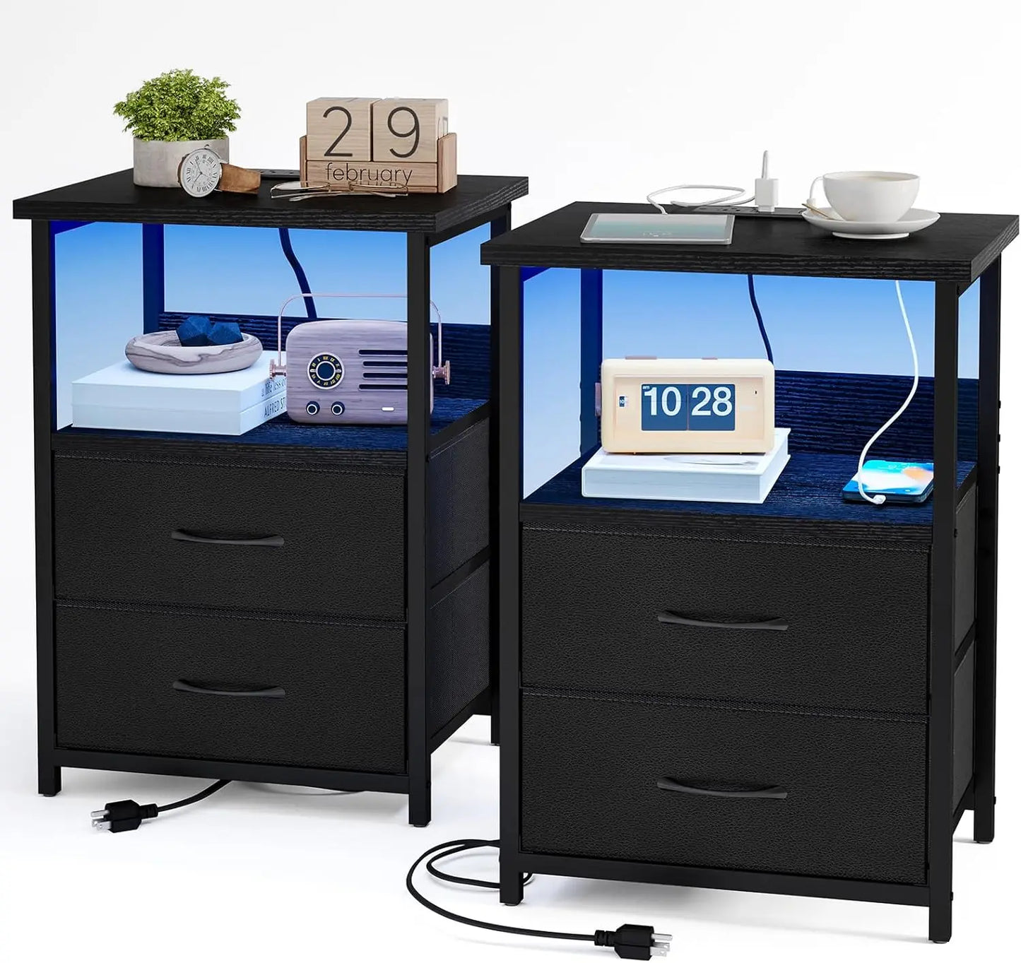 Modern Nightstand Set With Charging Station And LED Lighting
