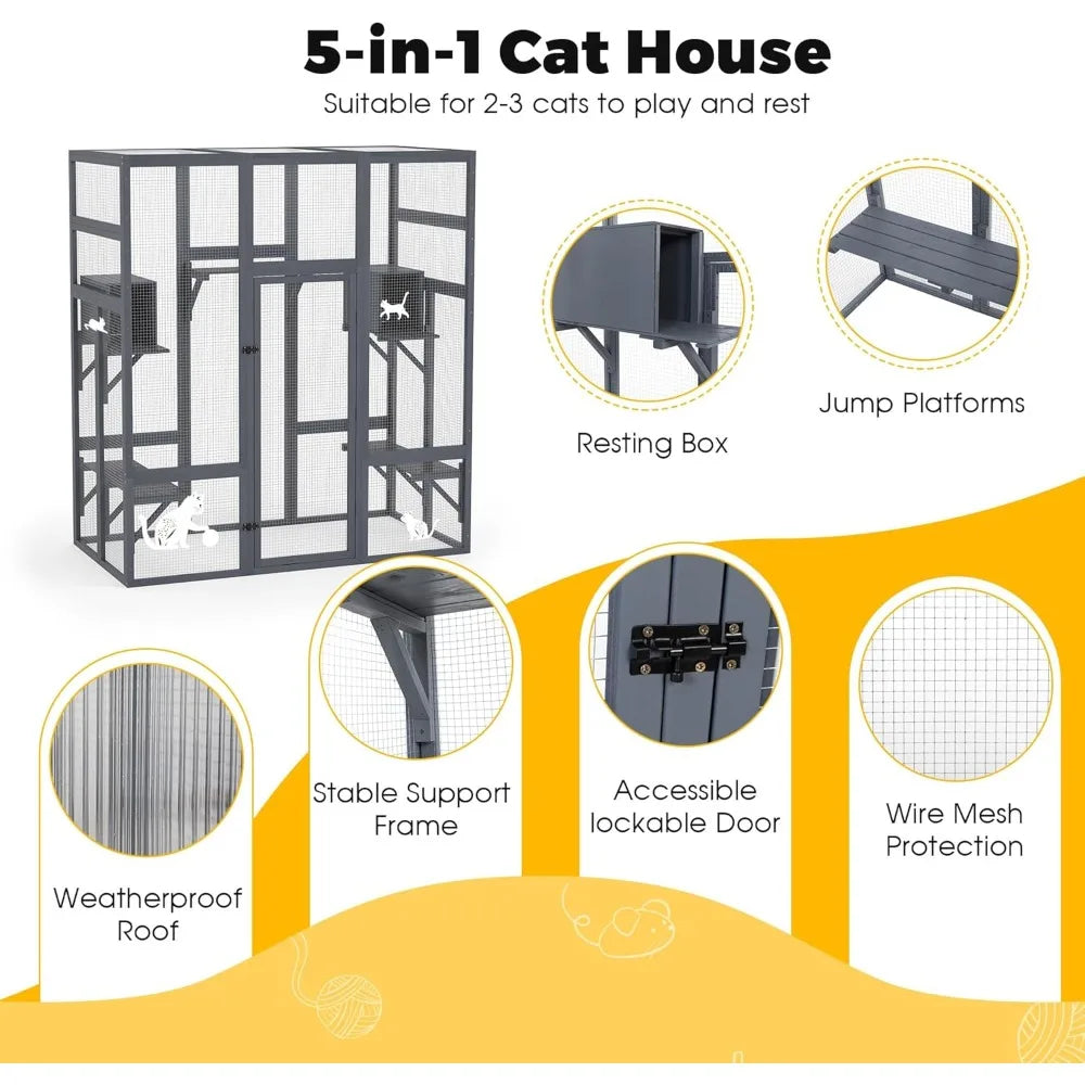 Outdoor Wooden Catio Enclosure With Waterproof Roof And Perches