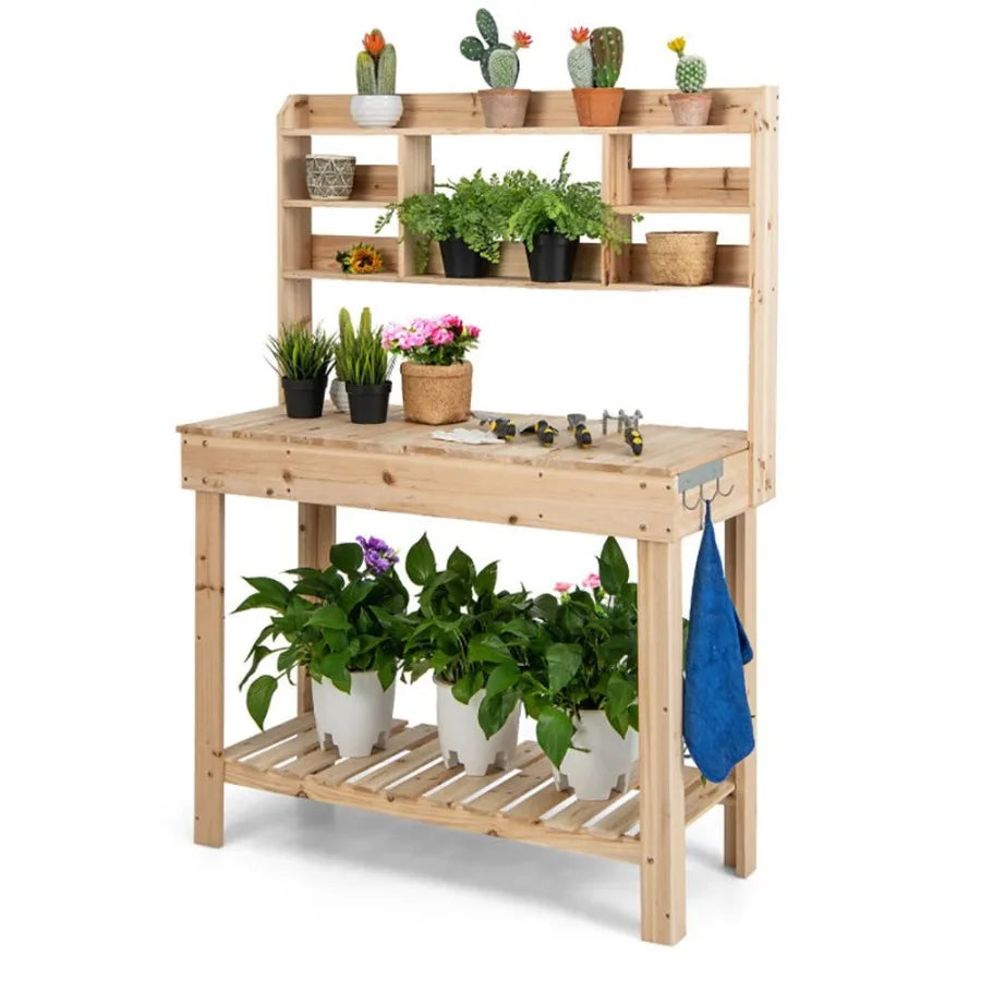 Garden Potting Bench with Display Rack and Hidden Sink